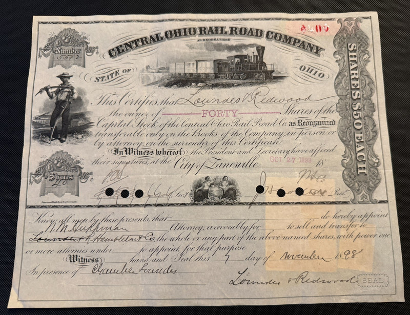 1898 CENTRAL OHIO RAILROAD COMPANY Stock Certificate R168x4 & R169 Revenues