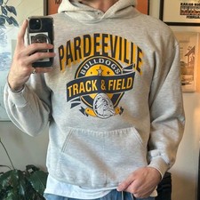 90s Track And Field Hoodie Bulldogs Men Large White Grey Jerzees Made In USA