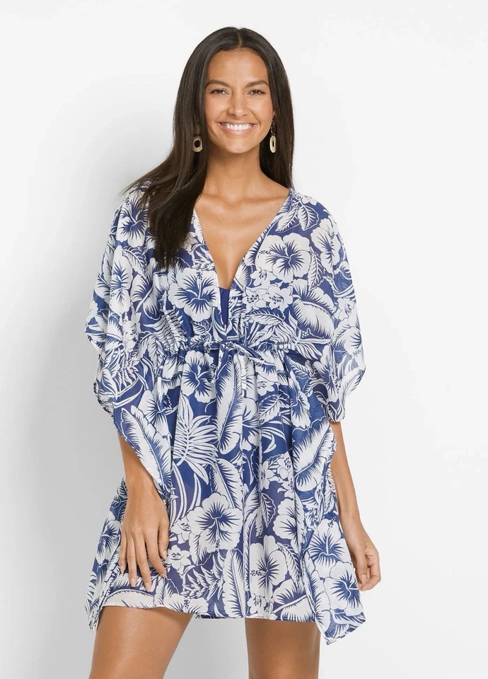 Damen Strandtunika Transparent Blau Weiß Floral V-Ausschnitt Kaftan Sommer Kleid - Bild 1 von 3