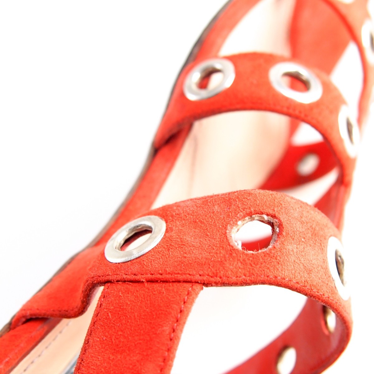 Prada Grommet Sandals Opon Toe Strappy Red Suede Womens US 9 EU 39