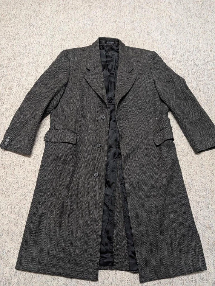 vintage TWEED donegal wool OVERCOAT trench 46 charcoal gray HERRINGBONE xl - Image 4 of 4