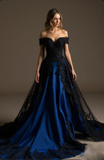 Gothic Black and Blue Off the Shoulder Wedding Dresses Lace Appliques Bridal