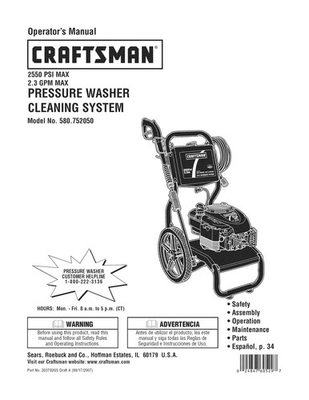 #ad Owners Manual amp; Parts List Craftsman 2550 PSI Pressure Washer Model 580.752050 $19.95