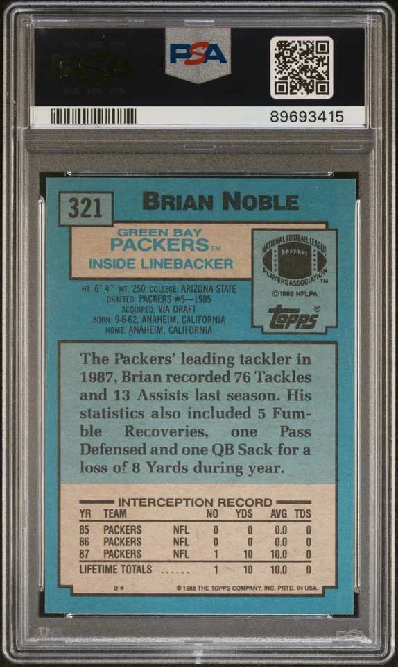 1988 Topps Brian Noble #321 PSA 9 - Image 2 of 2