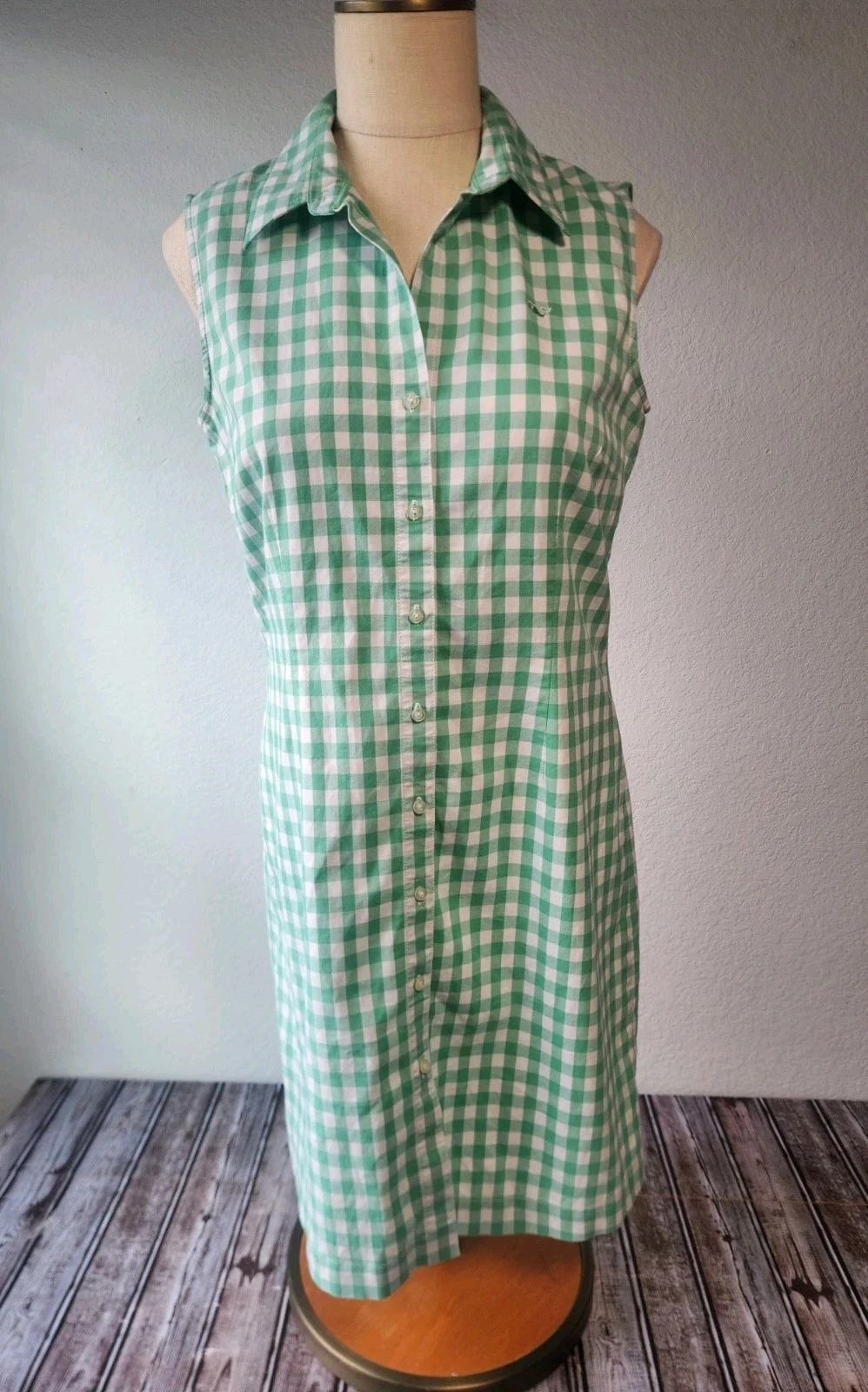 Vineyard Vines Womens Green Gingham Sleeveless Shirt Dress Size 12
