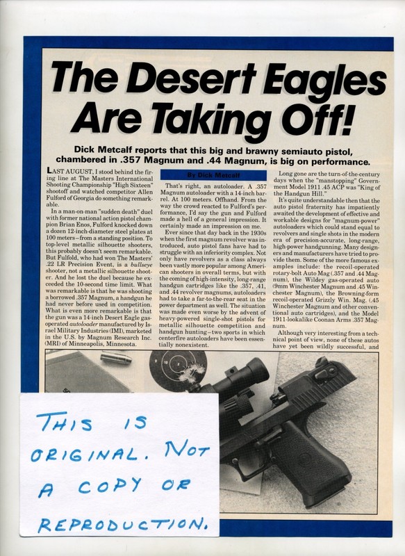 IMI Desert Eagle Pistol Magazine Article (FREE SHIPPING) 1980s