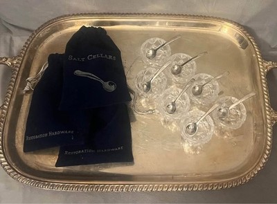 Restoration Hardware 7 Salt Cellars and 7 Silver Spoons + Storage Dust Bags