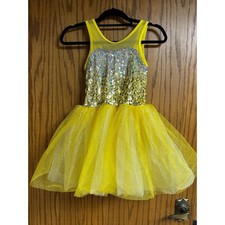 Liberts Costume Sequined Yellow Dancewear Dress Bodysuit Tutu in size LC Large