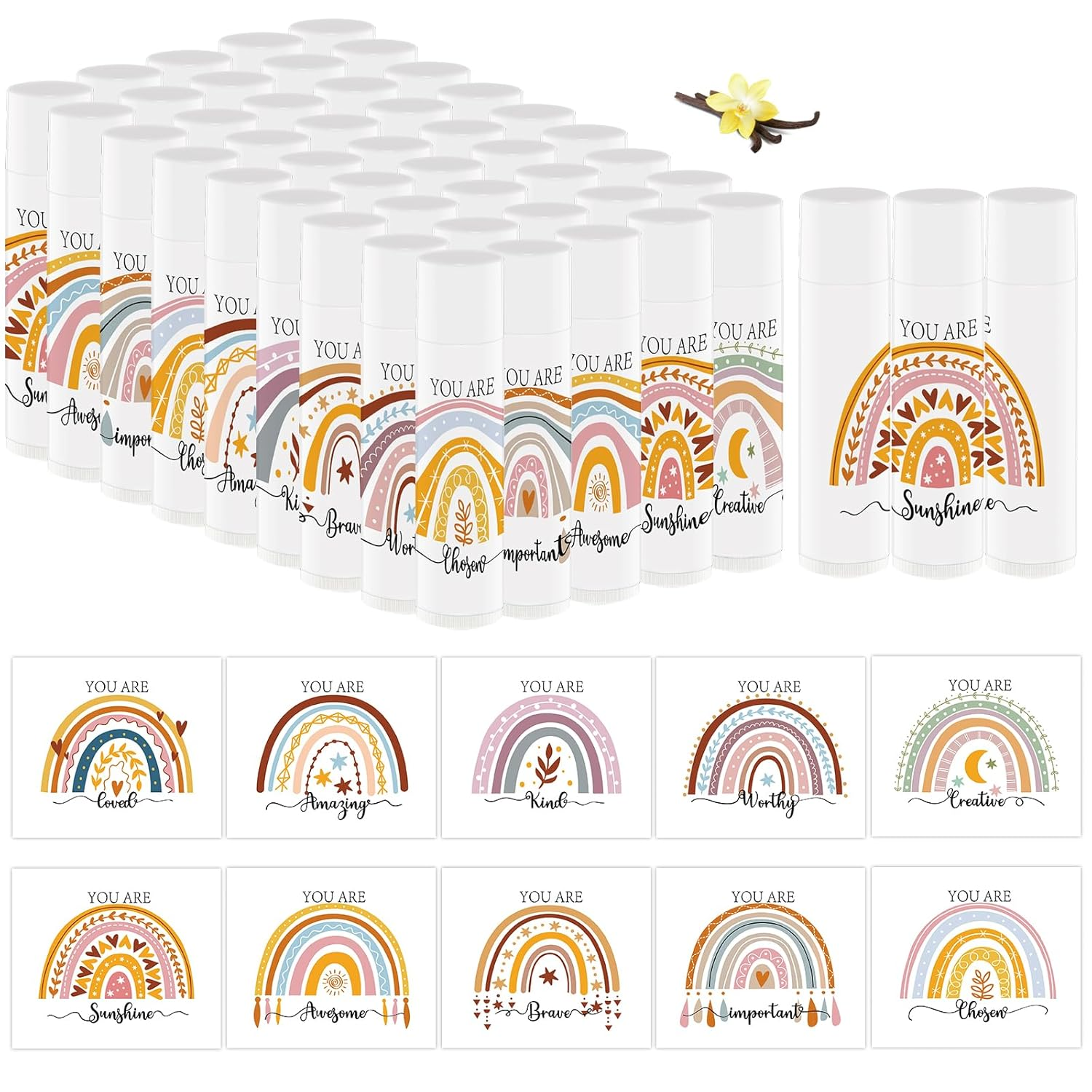 50 PCS Bohemian Rainbow Lip Balm Bulk Inspirational Words Appreciation Gift for