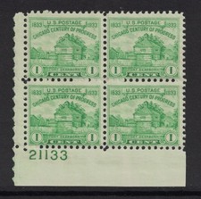 Scott 728- Bloc Cote MNH 1c Fort Dearborn 1933 Neuf Sans Charnière