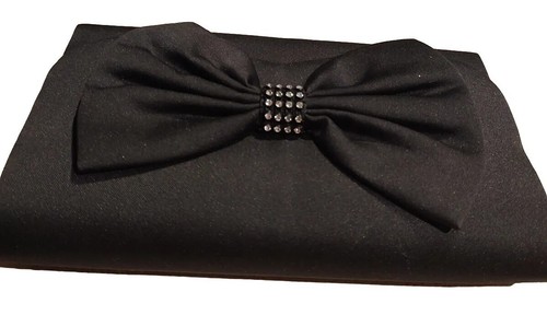 Black Satin embellished Bow Evening Clutch Bag Purse Handbag Vintage Look 5x9 in - Picture 11 of 12