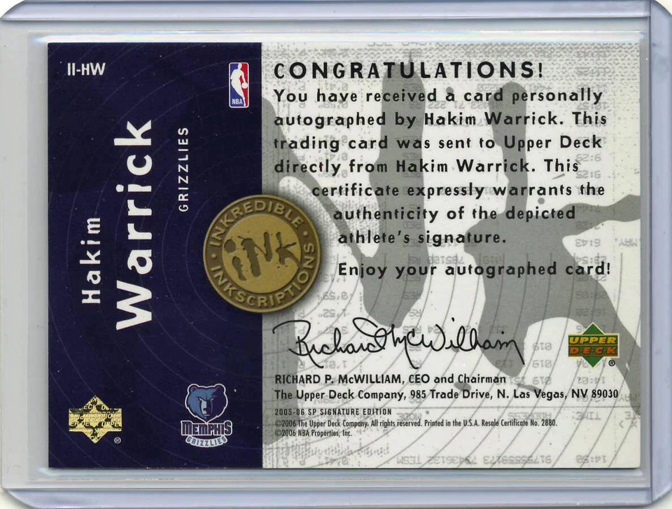 2005-06 Upper Deck SP Inkredible Inkscriptions Hakim Warrick Inscription Auto - Image 2 of 2