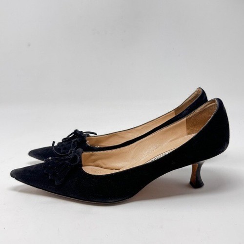 Zapatos de salón MANOLO BLAHNIK de gamuza negra con lazo de encaje de gatito - talla 36 - Imagen 2 de 12