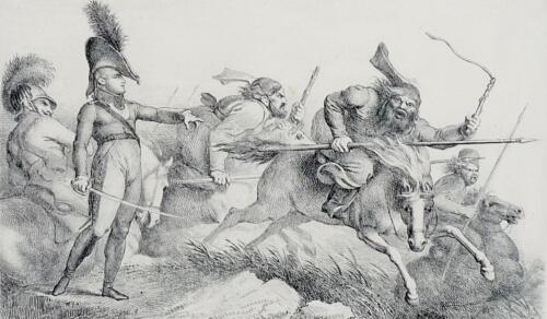 JOHANN HEINRICH RAMBERG - "Feindliches Zusammentreffen" - kol. Radierung um 1798 - Bild 1 von 2