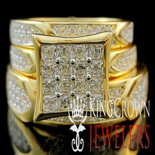 His Hers Lab Diamond Trio Rings Set Wedding Bridal Band 10k Yellow Gold Silver