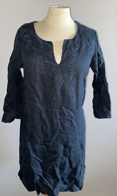  Leinen Kleid Damen Gr. 34 Baumwolle Schwarz Stickerei Tunika Hippie Psy  