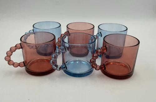 Vintage Set Of 6 Glass Mugs With Beaded Handles Pink/Blue