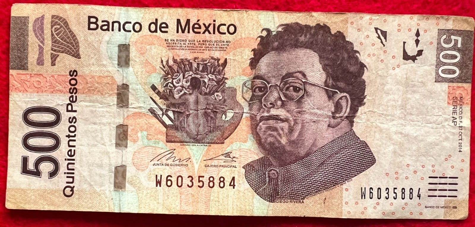 2014 Mexico 500 Pesos Banknote Diego Rivera FRIDA SERIE AP Prefix W SN ...