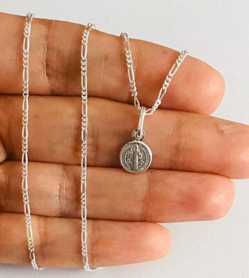 925 massiv Sterling Silber 8mm Heiliger Benedikt Anhänger Figarokette San Benito-N57