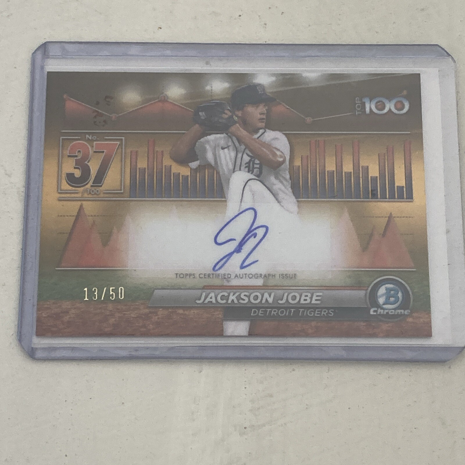 2024 Bowman Scouts Top 100 Gold Refractor  /50 Jackson Jobe #BTP-37 Auto Tigers