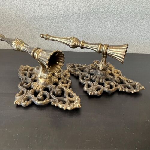 Vintage Hollywood Regency Candle Sconces Pair of 2 Ornate Gold Cast Metal - Picture 5 of 7