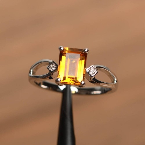 Citrine Three Stone Women Ring Natural Gemstone Emerald Cut 925 Sterling Silver