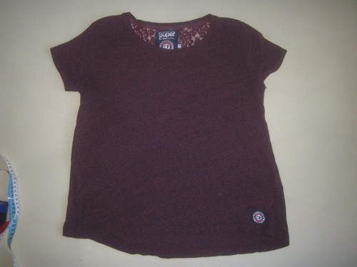 Superdry Damen T-Shirt Gr. XL bordeaux Spitze weinrot meliert kurzarm Rundhals
