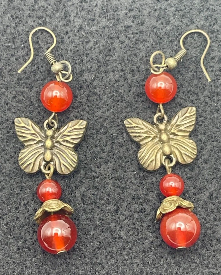 Juego de Pendientes Collar Cordón Mariposa Latón Cornalina Ágata Roja Boho De Colección Foto 4 de 4