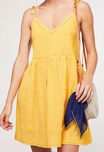 Free People Damen Kleid XS Spaghettiträger Mini Boho Babydoll Hippie