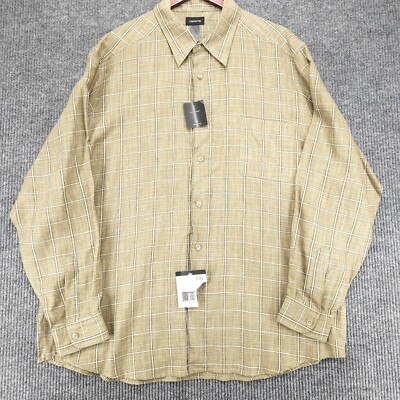 Claiborne Meru 100% Linen Button-Up Shirt Brown Plaid