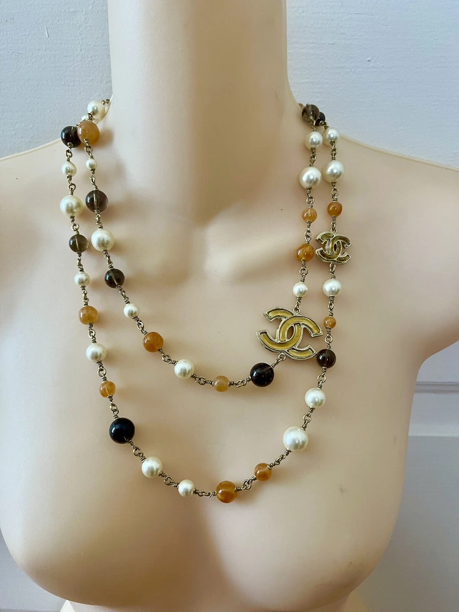 Chanel 2 CC logo Pearl Amber Brown Gold Necklace 2013 Made in Italy long 45”