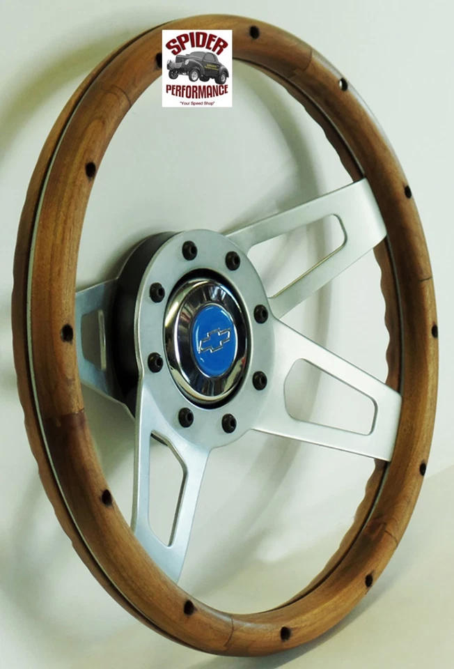 75-91 Blazer 75-94 Chevy Van wood steering wheel BLUE BOWTIE 13 1/2" WALNUT — 第 2/4 张图片