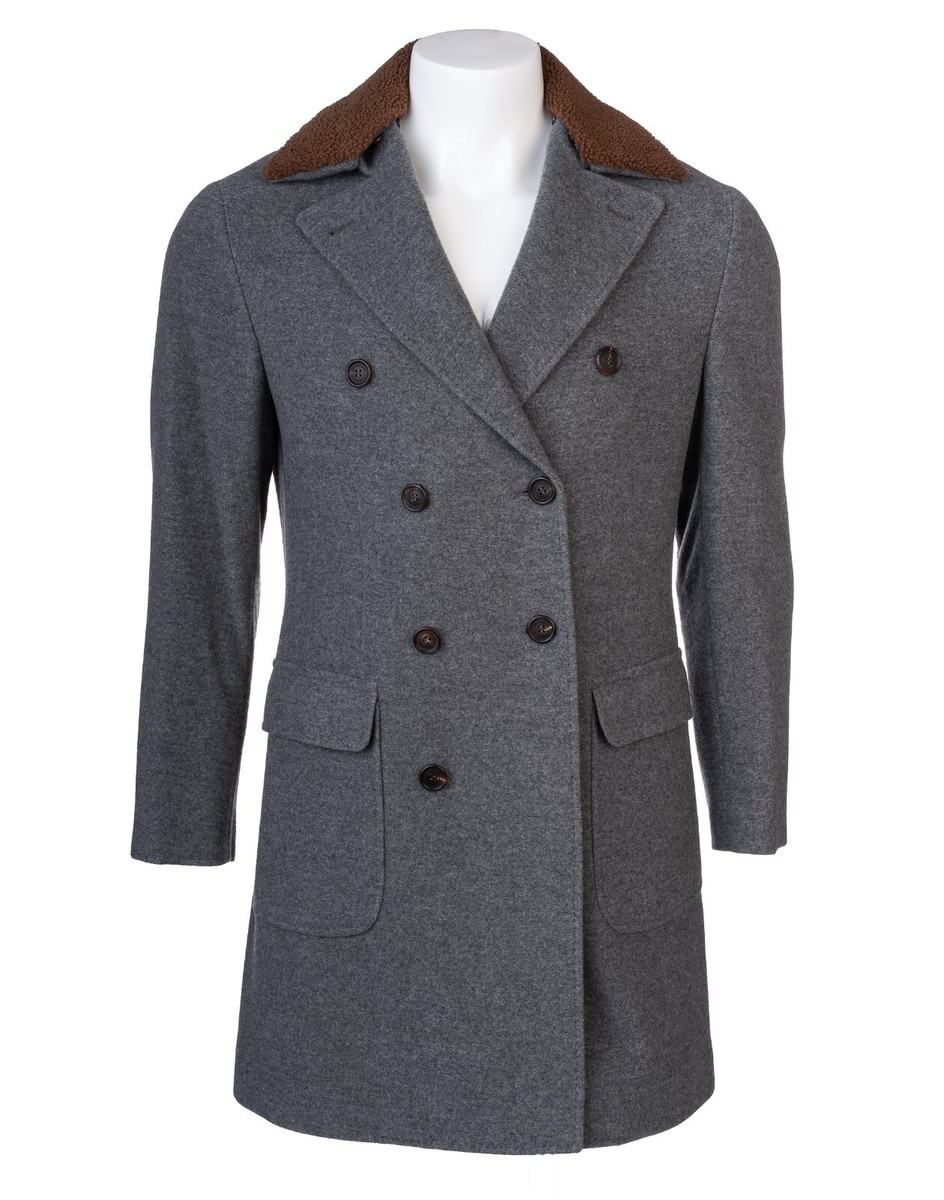 BRUNELLO CUCINELLI ダークグレー ピーコート BRUNELLO CUCINELLI Gray 100% Cashmere Sheepskin Fur Collar Coat