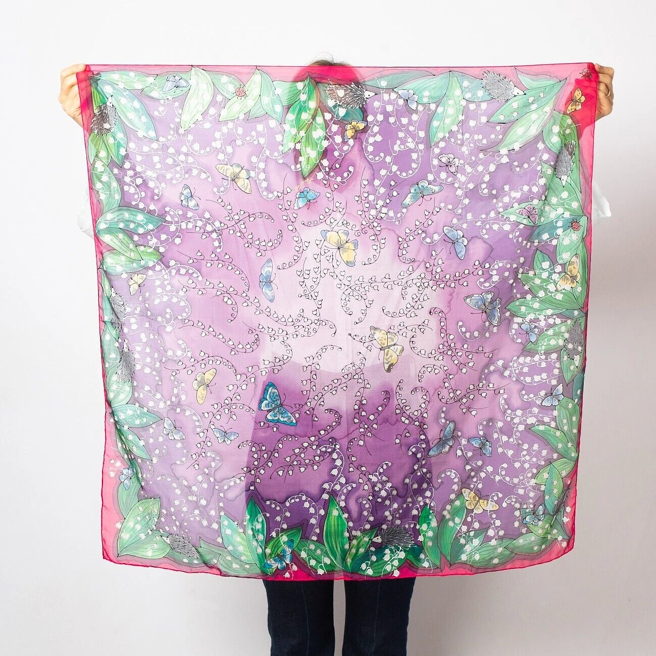 Hand Painted Silk Scarf Lily of The Valley Hedgehog Lover Floral Square Scarf