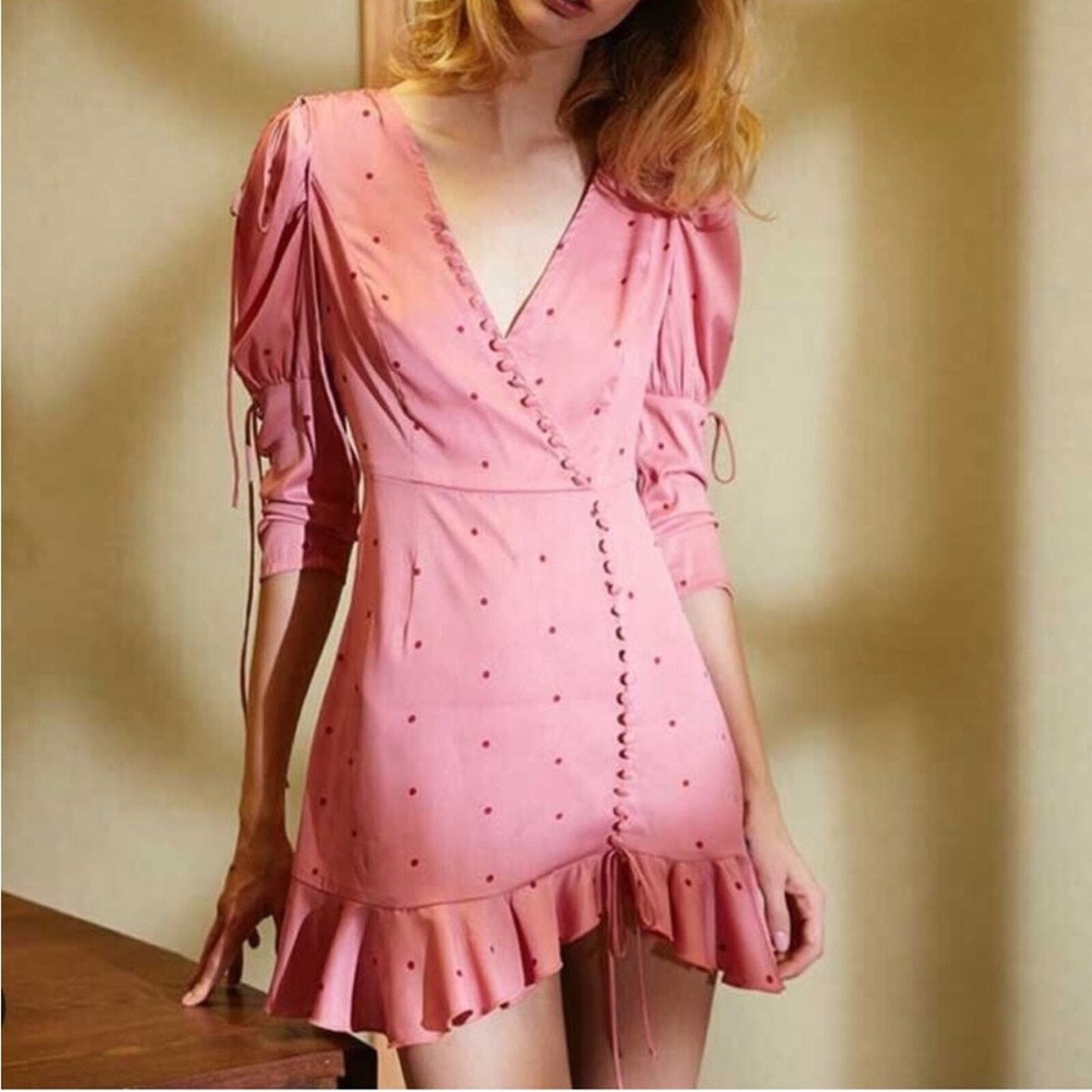 For Love and Lemons Pink Rosie Button Mini Dress Medium