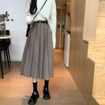 Women High Waist Pleated Skirt Belted Midi A-line Solid Preppy