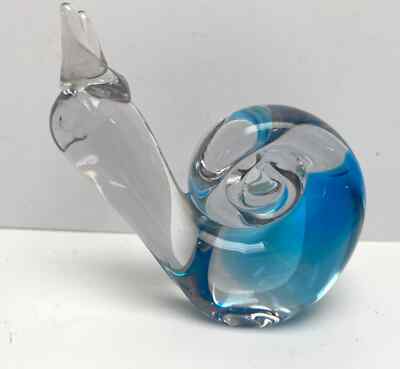 Vintage Glass Hand Blown Clear Dark to Light Blue Glass Snail Paperweight