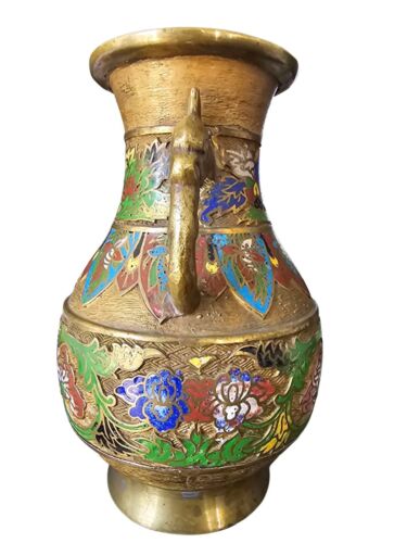 Vintage Japanese Champlevé Bronze Enamel Cloisonné Vase 10" x 7" - Picture 2 of 8