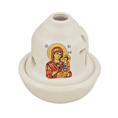 4 3/8'' Greek Orthodox Ceramic Oil Candle Glazed Virgin Mary Icon Vigil Lamp 11cm