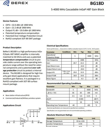 5PCS BeRex BG18D 5-4000 MHz Cascadable InGaP HBT Gain Block SOT-89 New - Picture 2 of 3