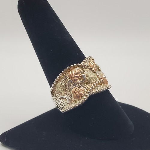 Black Hills Gold Sterling Silver & 12k Gold Tricolor Leaf Design Ring Size 10
