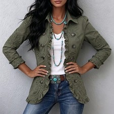 Womens Ruffled Trim Pleated Lapel Blazer Jacket Casual Office Army Green M
