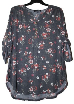 Fred David Women's Top 3X Roll-Tab Sleeve Stretch Muted Black Floral Red Flowers