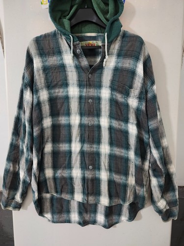 Anchor Blue Shirt Mens L Green WKWR Flannel Hoodie Button Up Plaid VTG 90s Y2K