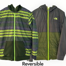The North Face Reversible Jacket Boys 18/20   Green/Stripe Hooded Zip-Up Defect