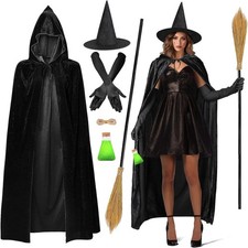 Hexenkostüm Damen – 170 cm Umhang, Besen, Hexenhut, Handschuhe – Karneval