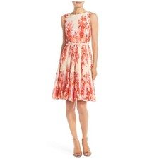 Adrianna Papell Womens 16 Fit and Flare Dress Coral Floral Pleated Wedding Guest