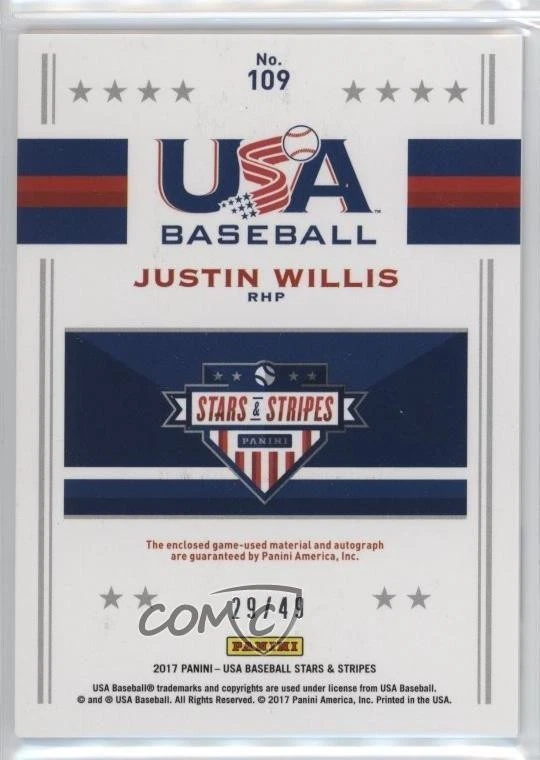 2017 Panini USA Baseball Stars & Stripes Jersey /49 Justin Willis #109 Auto - Image 2 of 2