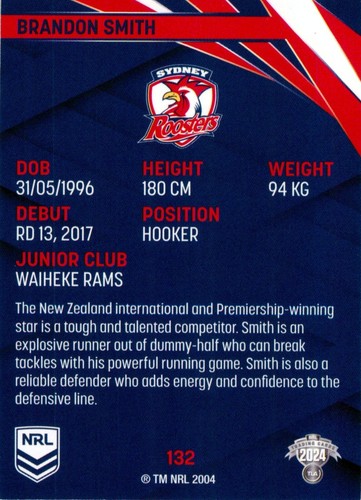 2024 Sydney Roosters NRL TLA Traders Card - Brandon Smith - Picture 2 of 3