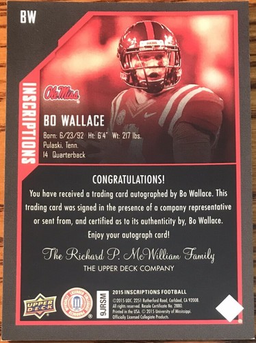 2015 Upper Deck Inscriptions Bo Wallace BW Ole Miss Rebels - Picture 2 of 2